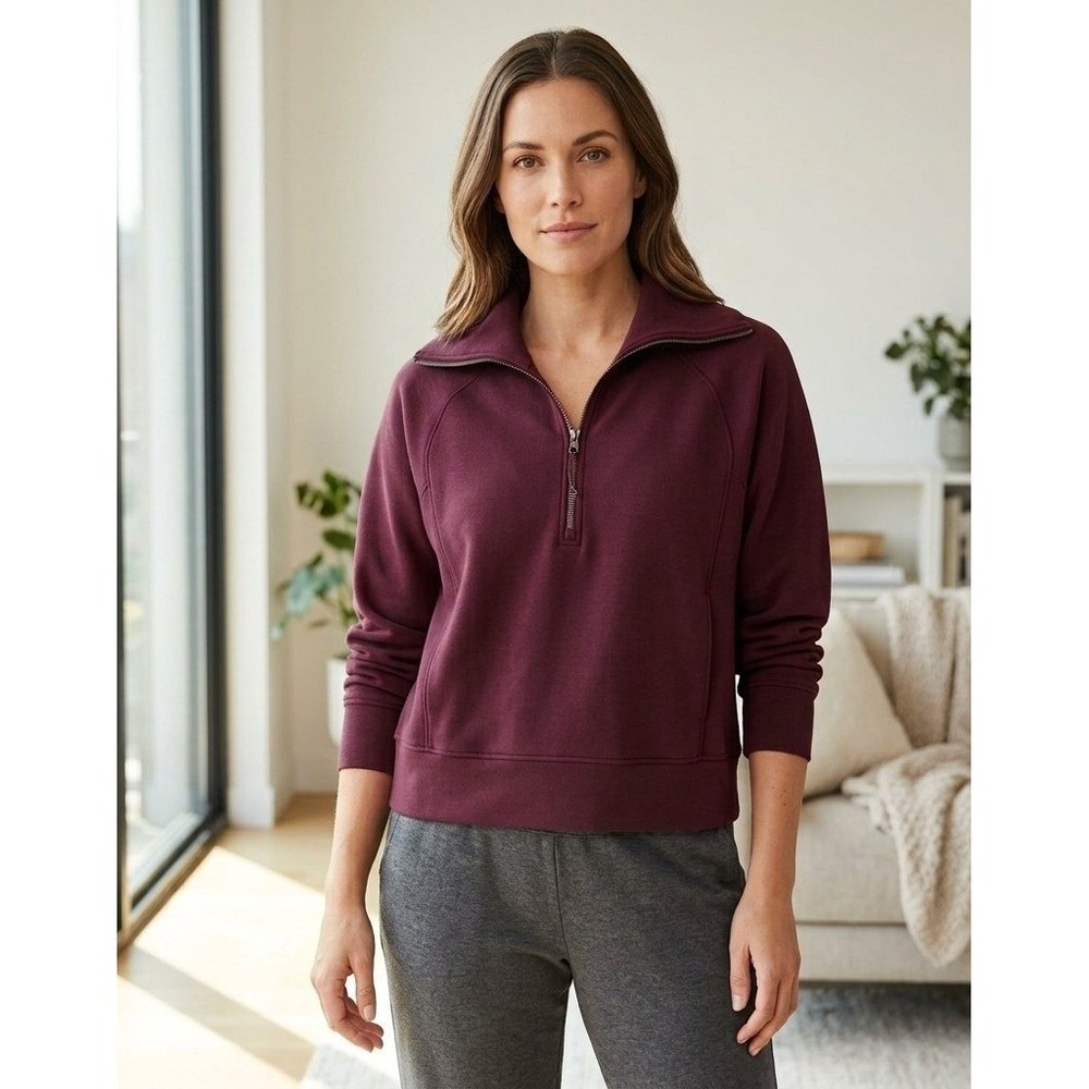 Spanx AirEssentials Half Zip Pullover Women M Dark Plum Purple Sweatshirt